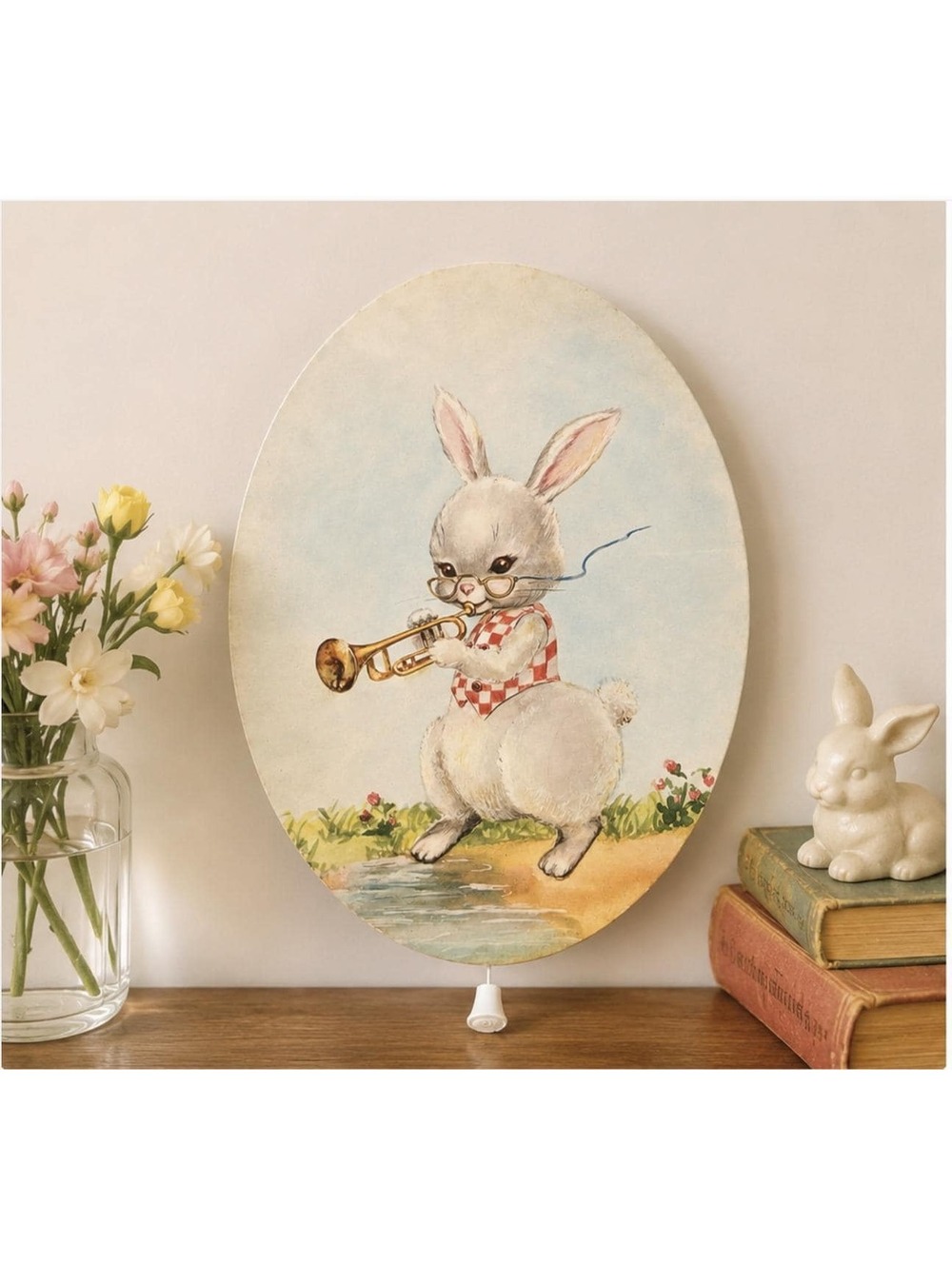 Vintage Swiss Musical Bunny Wall Plaque: Pull String Music Box Rabbit Nursery